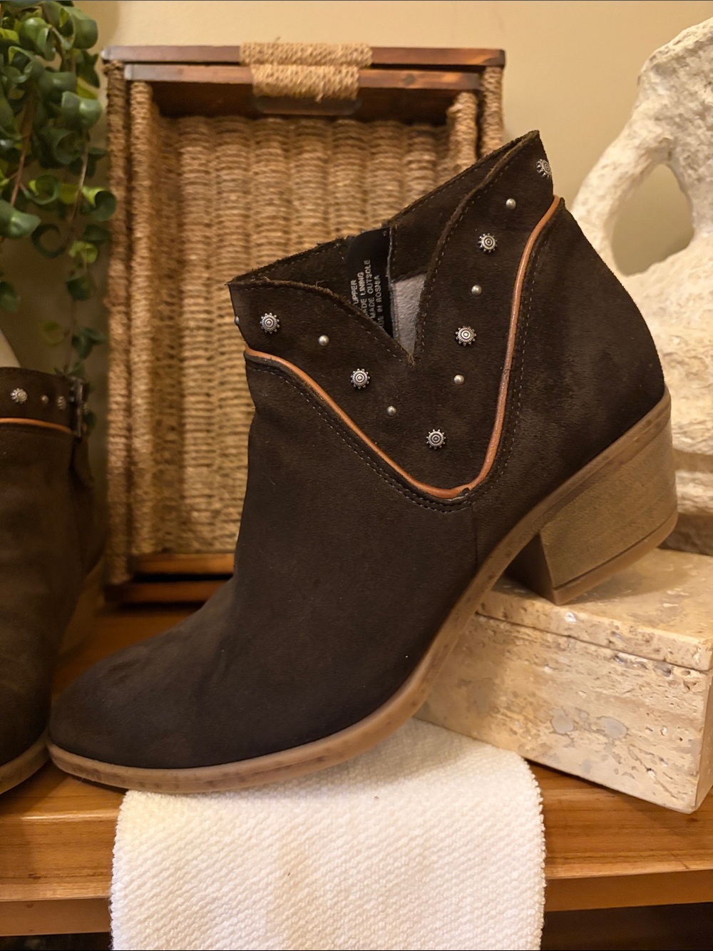 Mz. Mooz Women's Brown Suede Ankle Booties with Decorative Studs